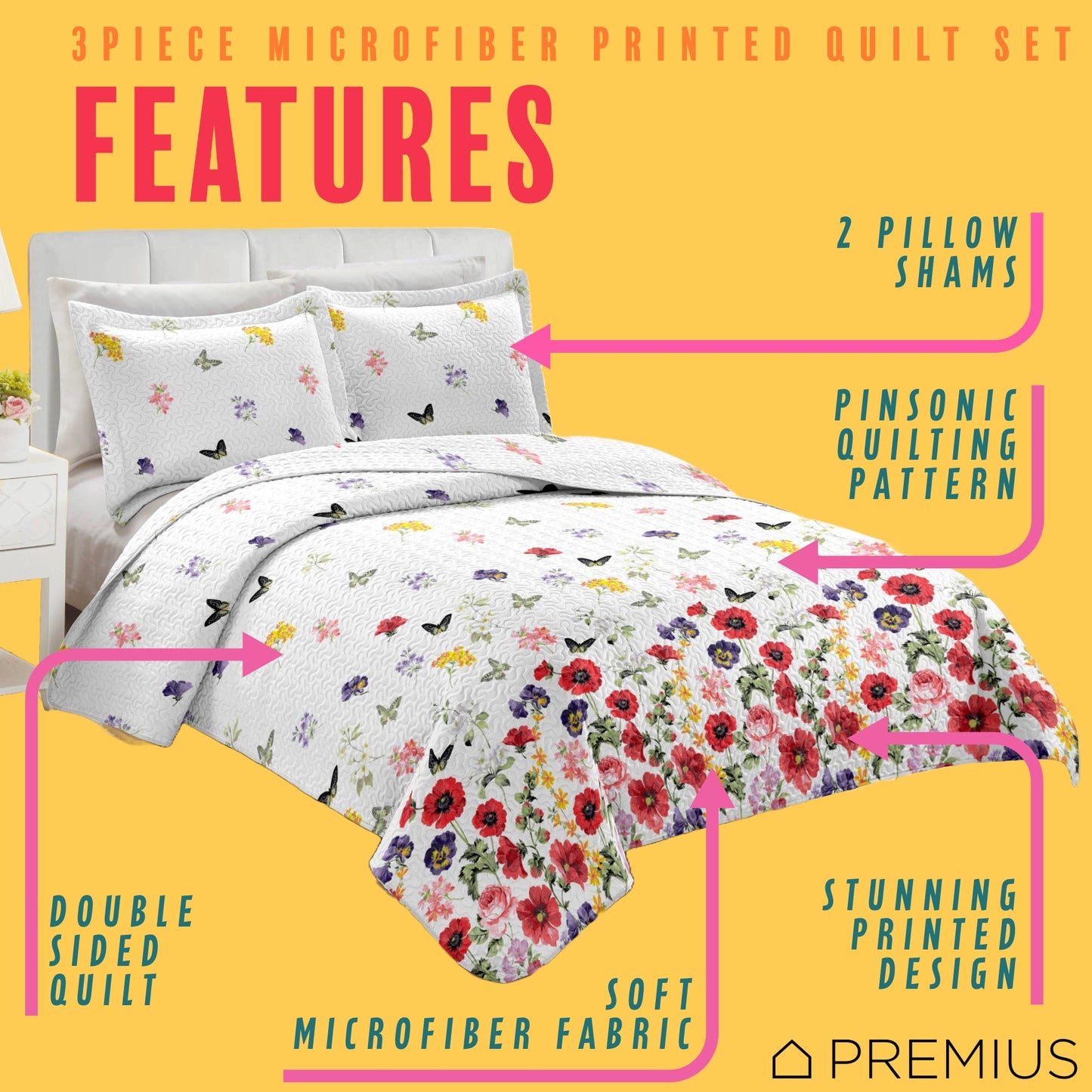 PREMIUS Butterfly 3 Piece Microfiber Wrinkle-Free Quilt Set, White-Multi