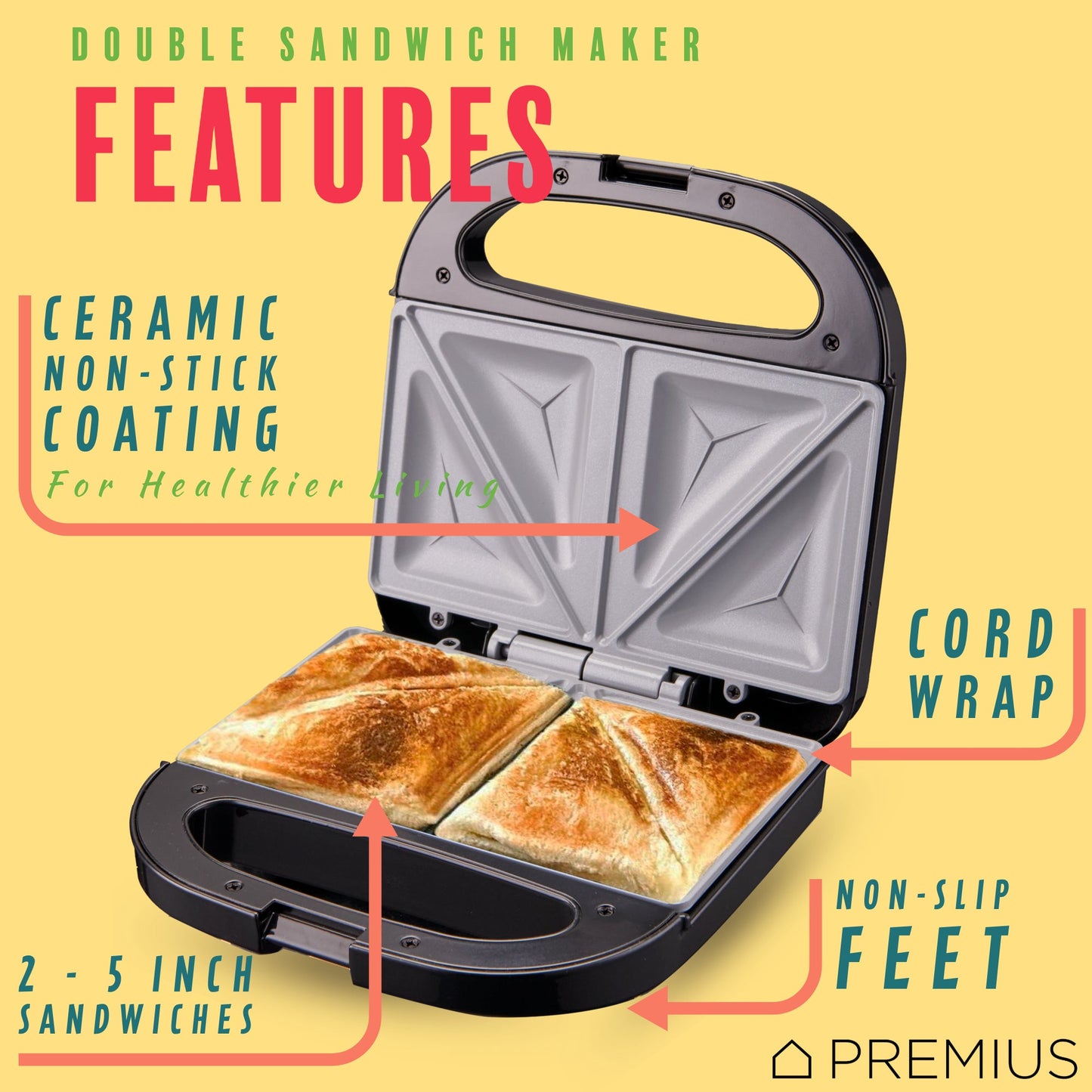 PREMIUS Ceramic Non-Stick Double Slice Sandwich Maker, 8.25x4.75 Inch Mold