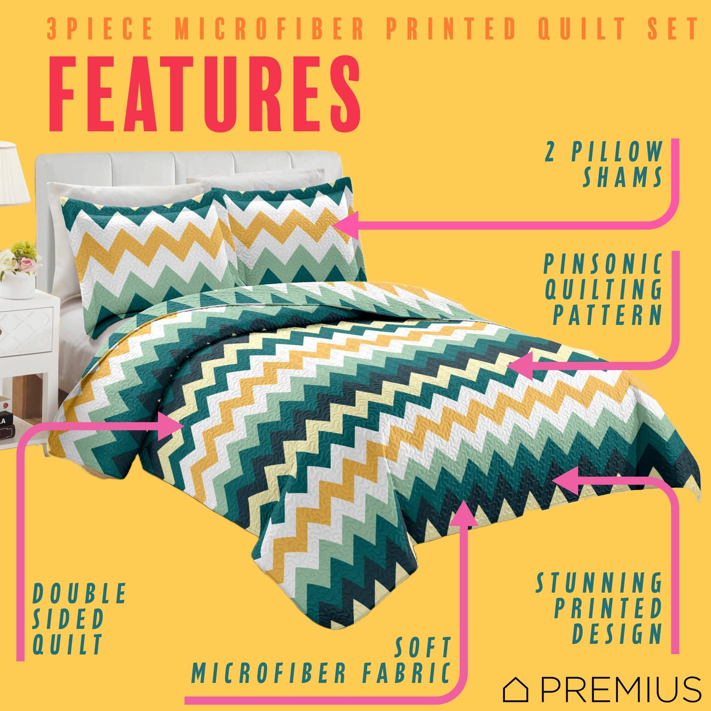 PREMIUS Montego 3 Piece Microfiber Wrinkle-Free Quilt Set, Green-Yellow