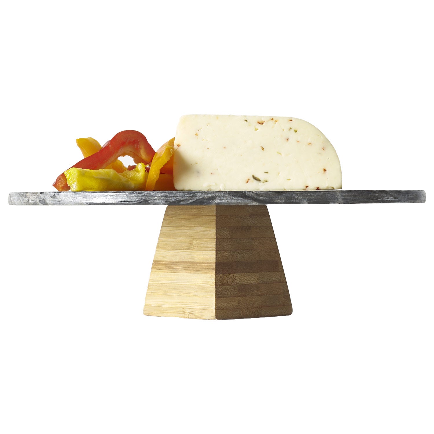 Decorative item with a marble top and wooden base on a white background