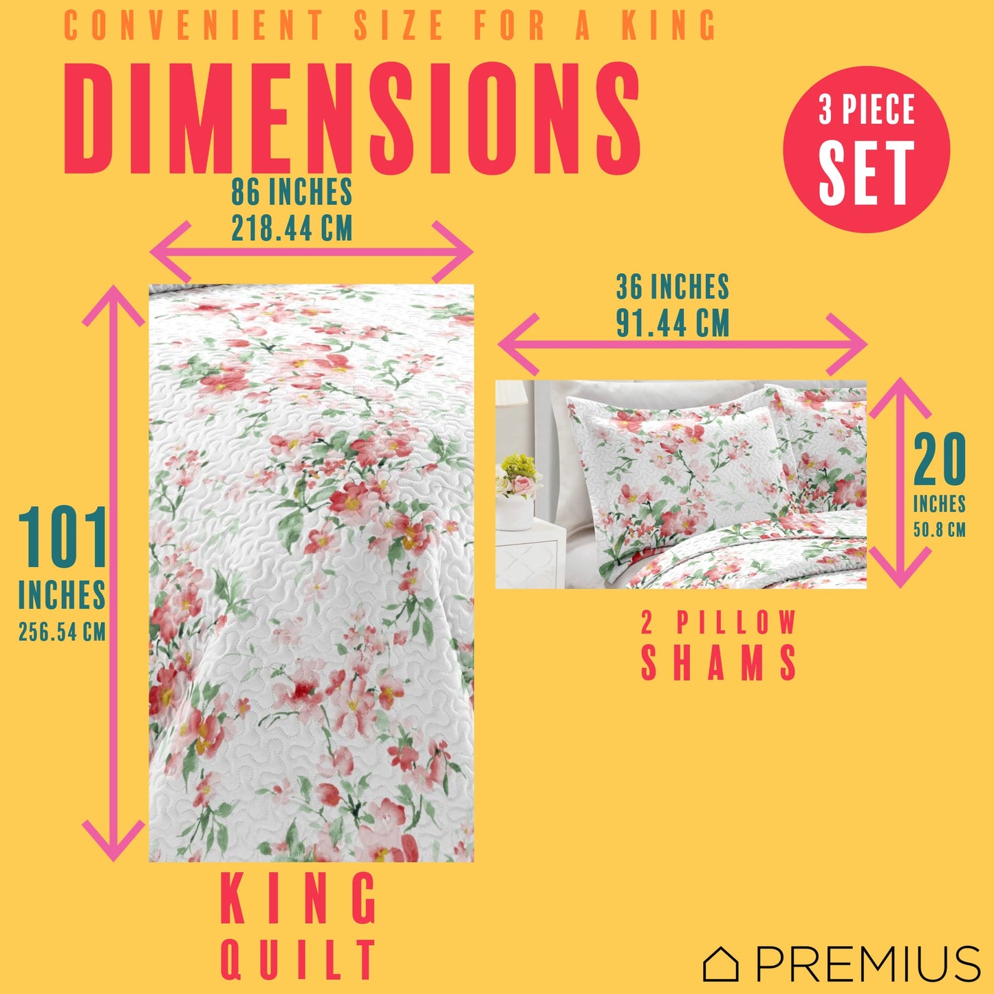 PREMIUS Jennifer 3 Piece Microfiber Wrinkle-Free Quilt Set, White-Red-Green