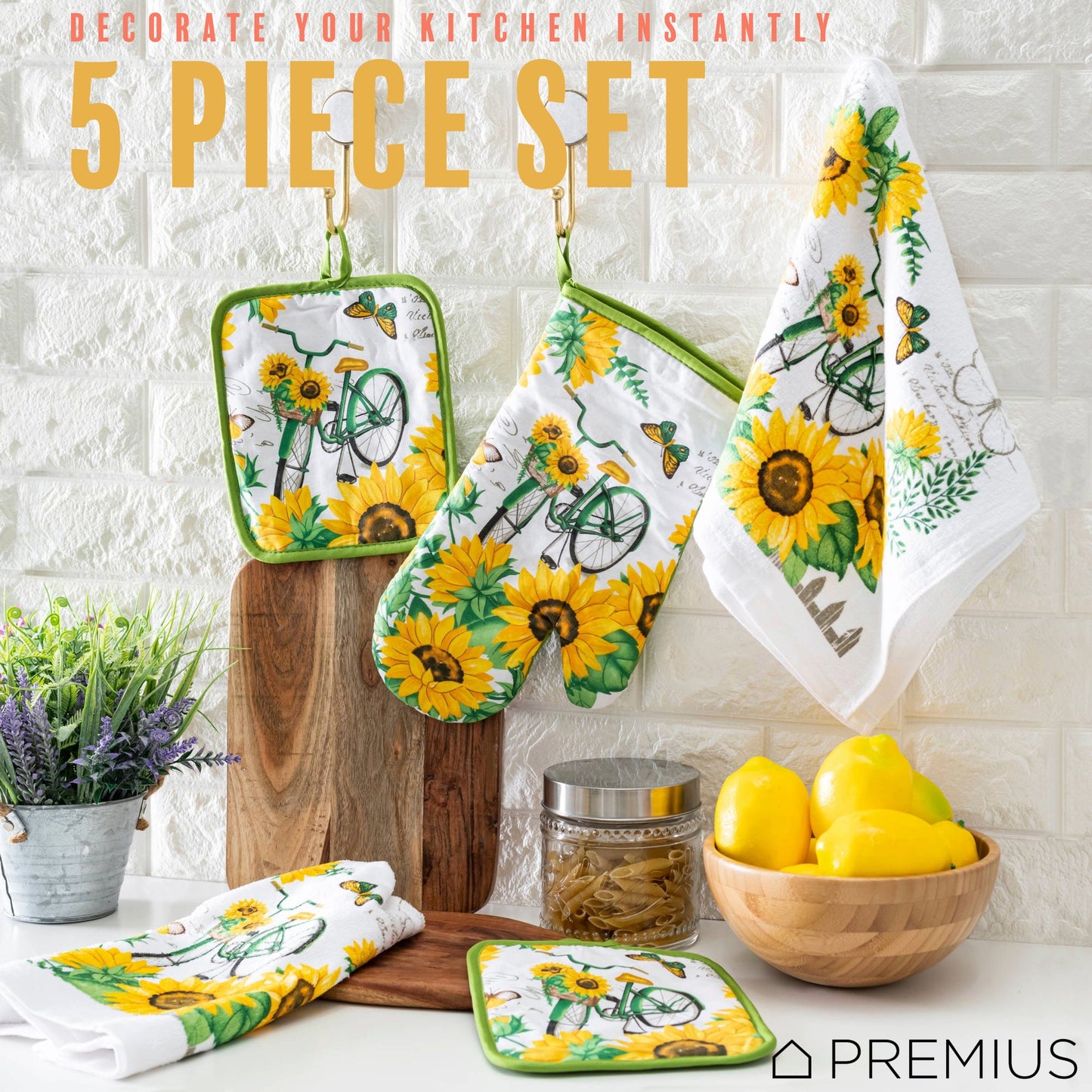 PREMIUS 5 Piece Printed Kitchen Linen Set, 2 Cotton Towels, 2 Pot Holders, 1 Oven Mitt