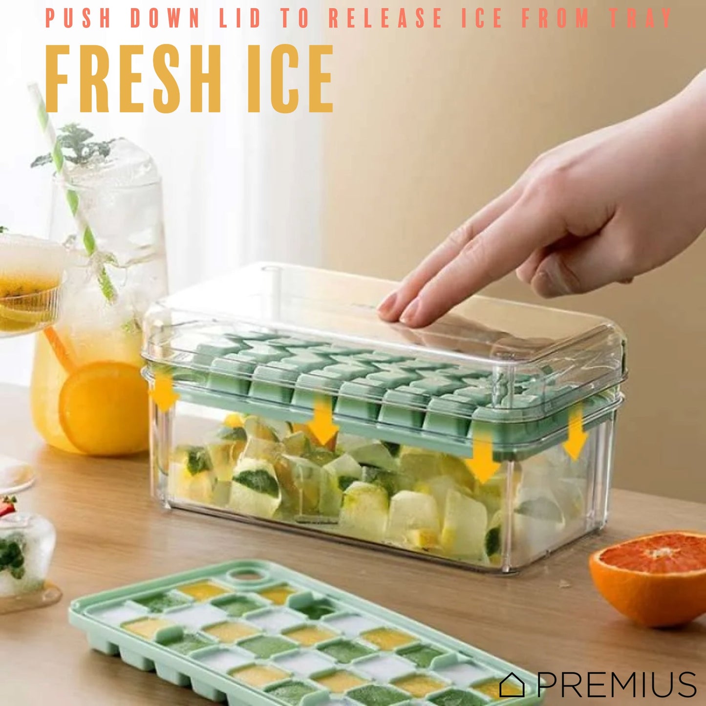 PREMIUS 2 Tray Ice Cube Tray with Container and Scoop, Green-Clear