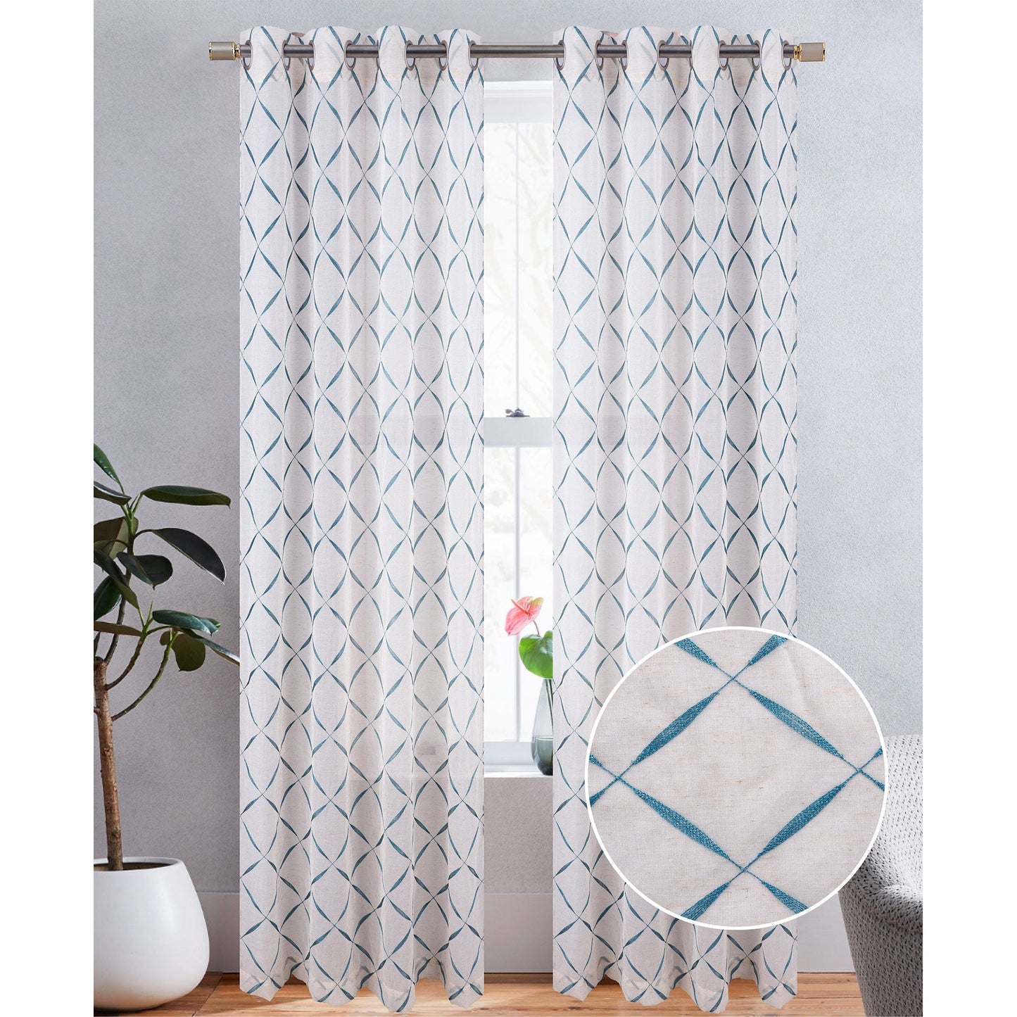 Boca Metallic Embroidered Linen Look Grommet Window Curtain Panel, 54x84 Inches