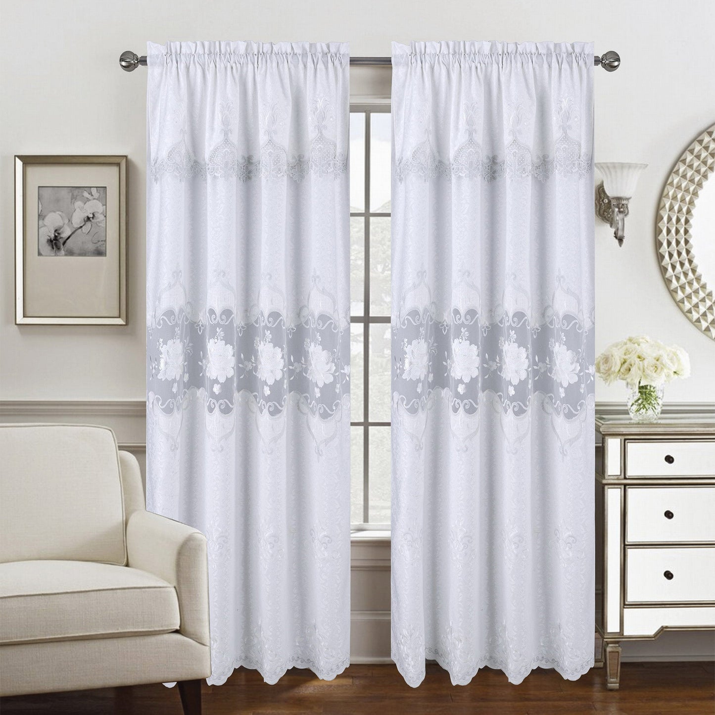 Caroline Floral Macramé Rod Pocket Window Panel With Attached Valance, 55x84 Inches