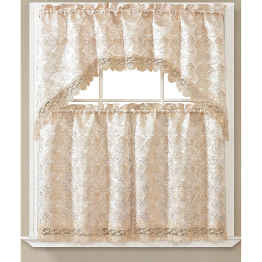 Sara 3 Piece Embroidered Kitchen Curtain Set, Gold-Gold, Swag 60x36, Tiers 30x36 Inches