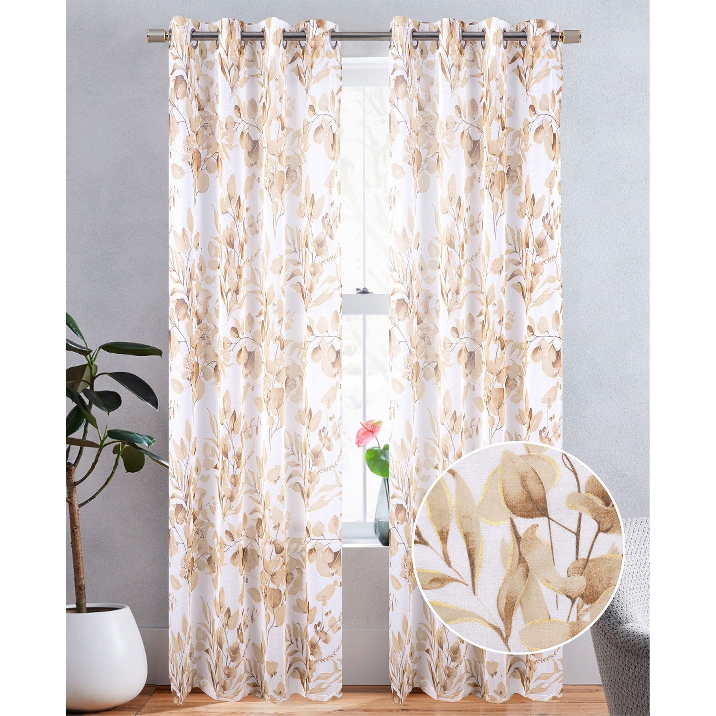 Alisa Sheer Metallic Floral Printed Grommet Window Curtain Panel, 54x84 Inches