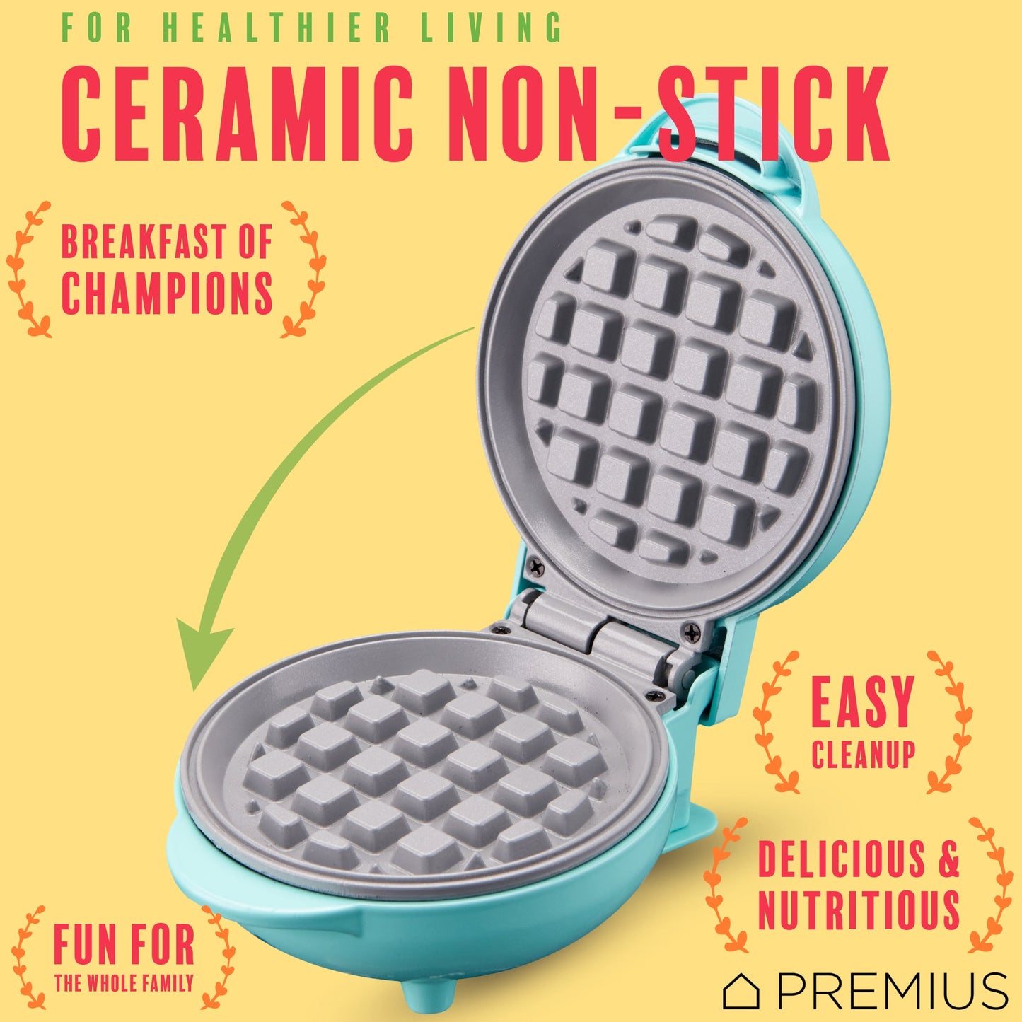 PREMIUS Ceramic Non-Stick Mini Snack Waffle Maker, 4 Inch Mold