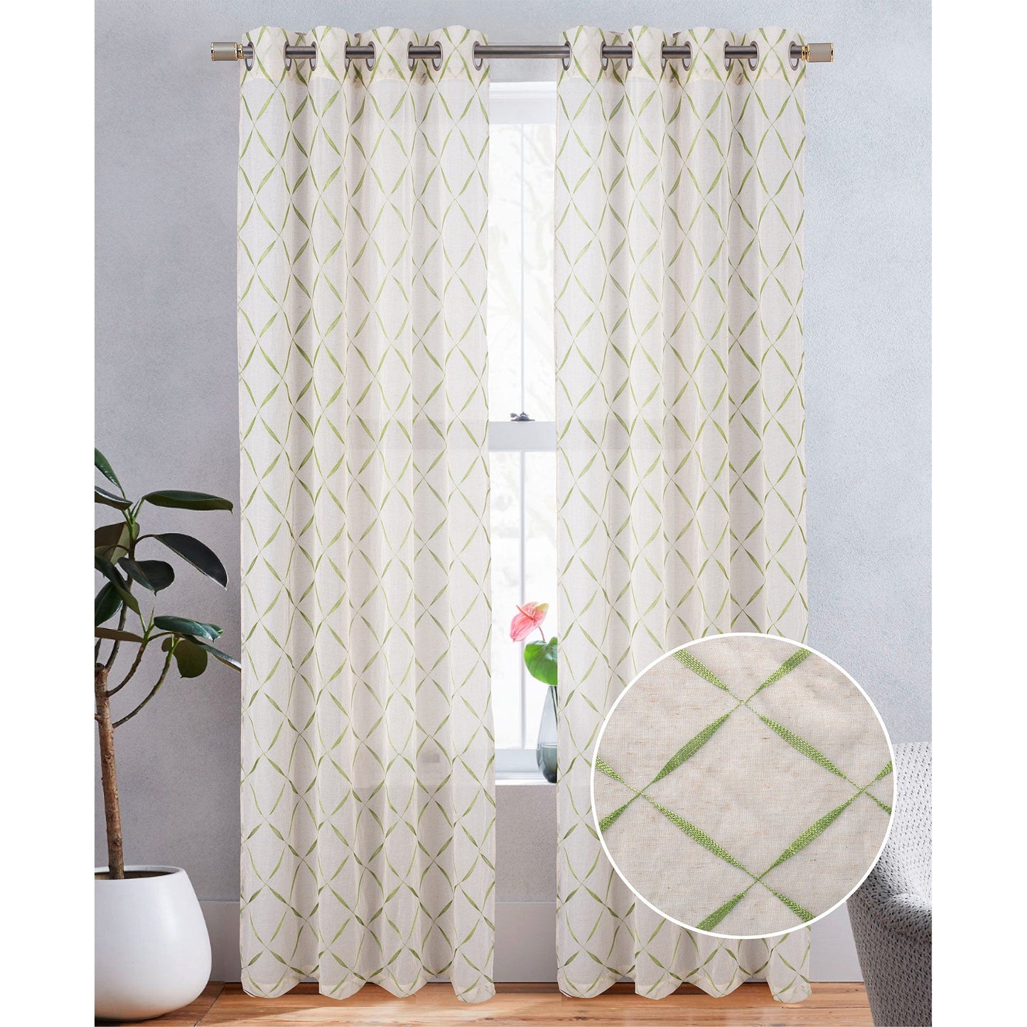 Boca Metallic Embroidered Linen Look Grommet Window Curtain Panel, 54x84 Inches