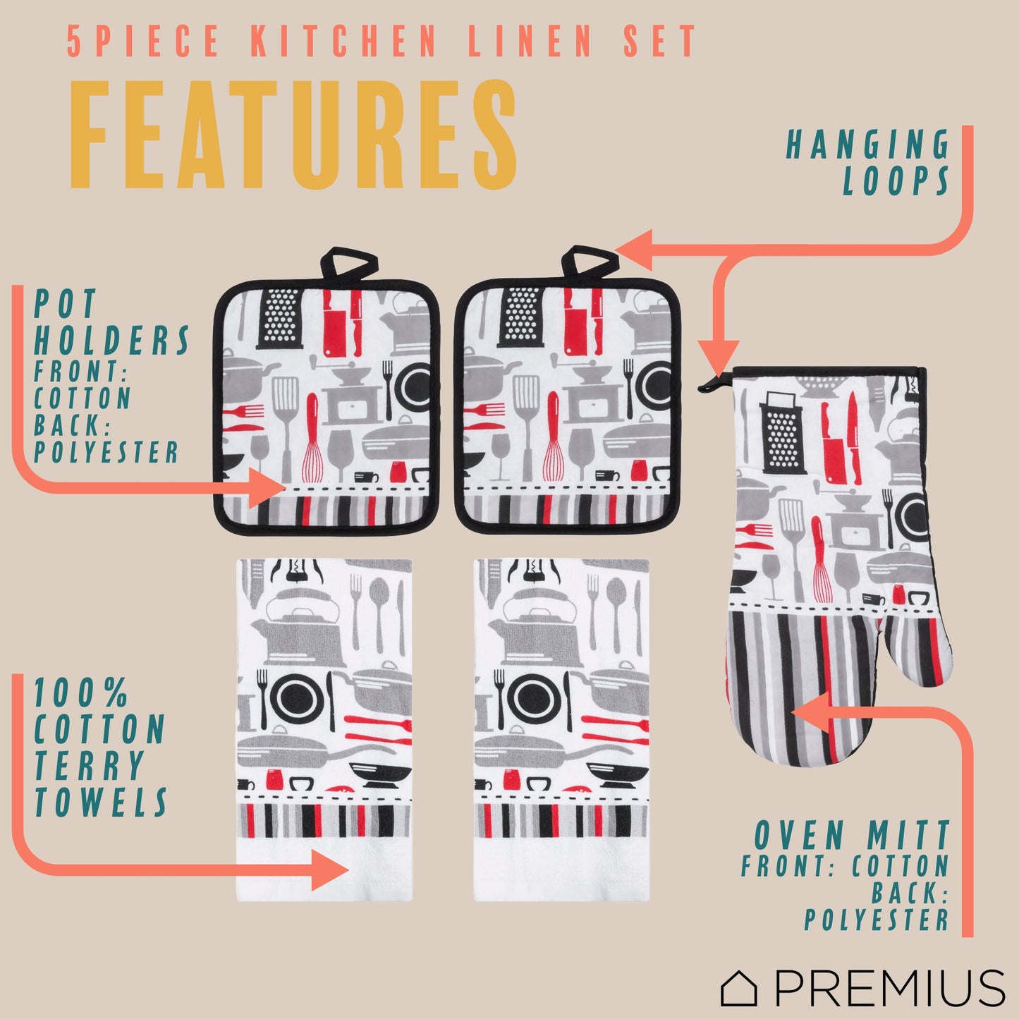 PREMIUS 5 Piece Printed Kitchen Linen Set, 2 Cotton Towels, 2 Pot Holders, 1 Oven Mitt