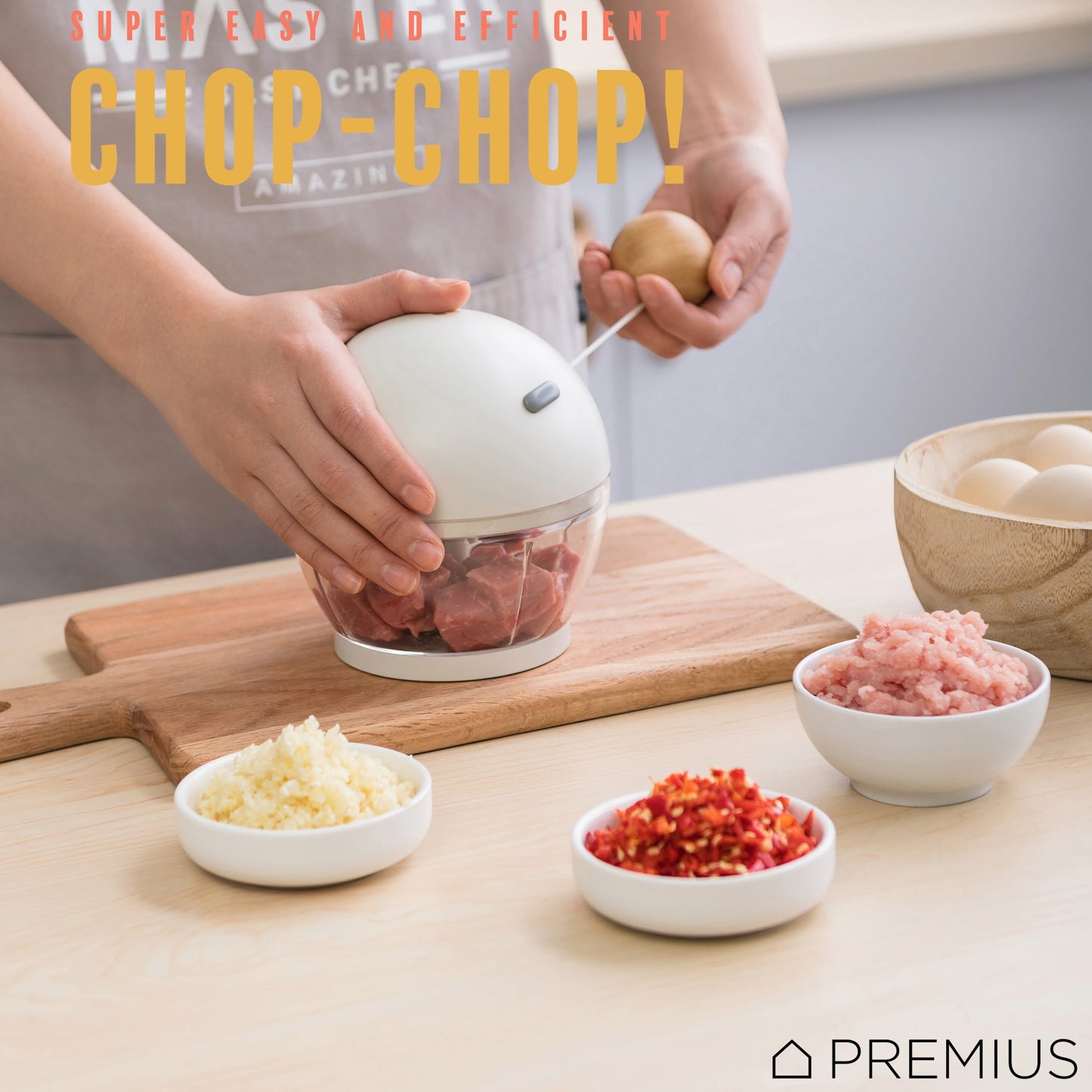PREMIUS Manual Pull Hand Food Chopper, With Wood Ball, White-Natural, 1.5 Cups
