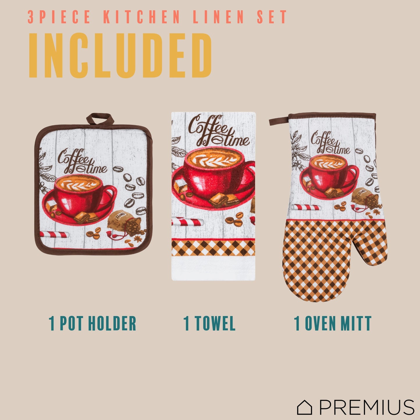 PREMIUS 3 Piece Printed Kitchen Linen Set, 1 Cotton Towel, 1 Pot Holder, 1 Oven Mitt