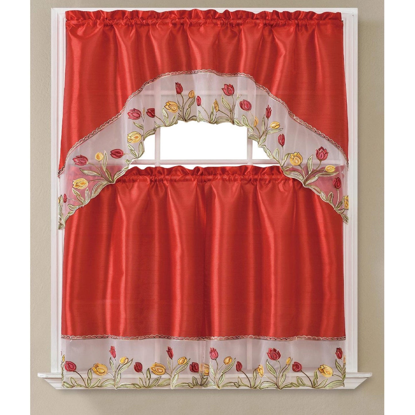 Rosella Tulip Embroidered Kitchen Curtain Set, Red, Swag 60x36, Tiers 30x36 Inches