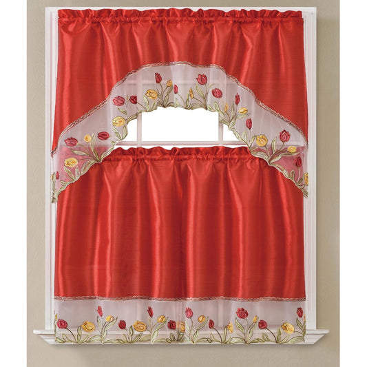 Rosella Tulip Embroidered Kitchen Curtain Set, Red, Swag 60x36, Tiers 30x36 Inches