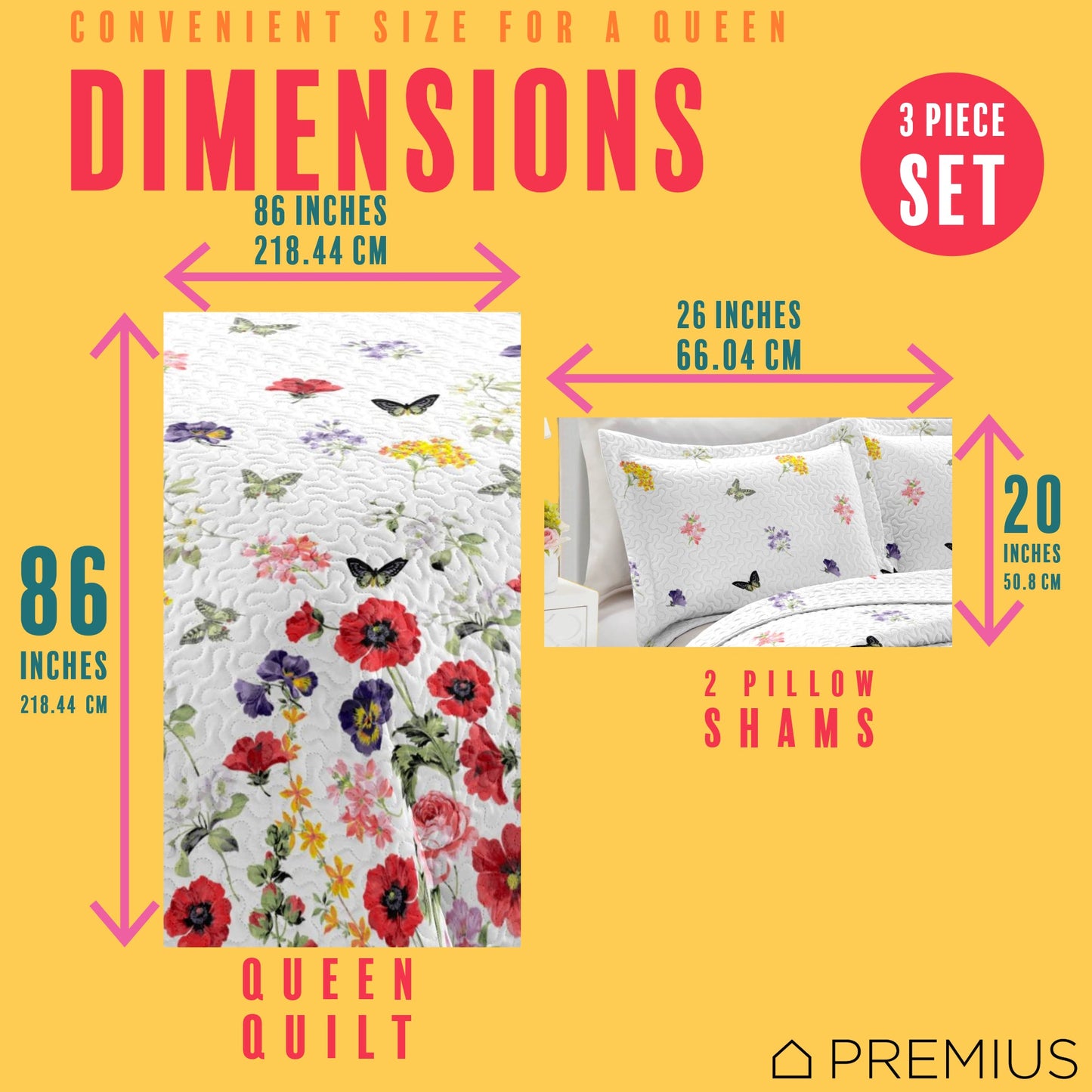 PREMIUS Butterfly 3 Piece Microfiber Wrinkle-Free Quilt Set, White-Multi
