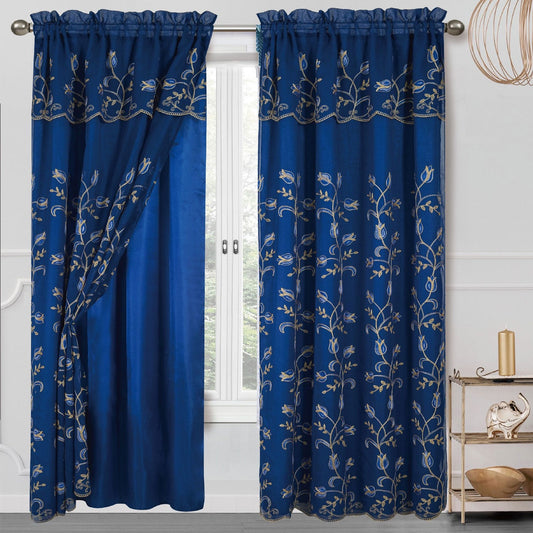 Cecilia Floral Embroidery Window Panel With Valance and Backing, 54x84 Inches