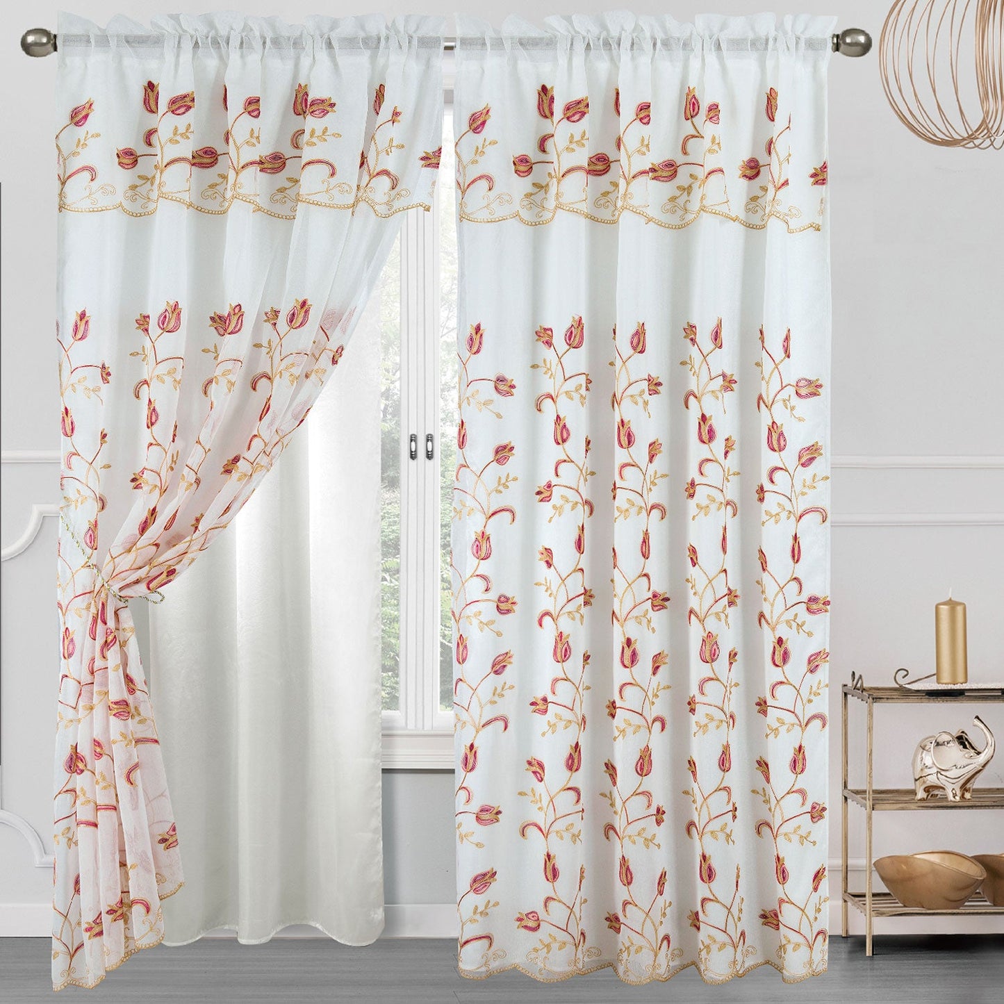 Cecilia Floral Embroidery Window Panel With Valance and Backing, 54x84 Inches