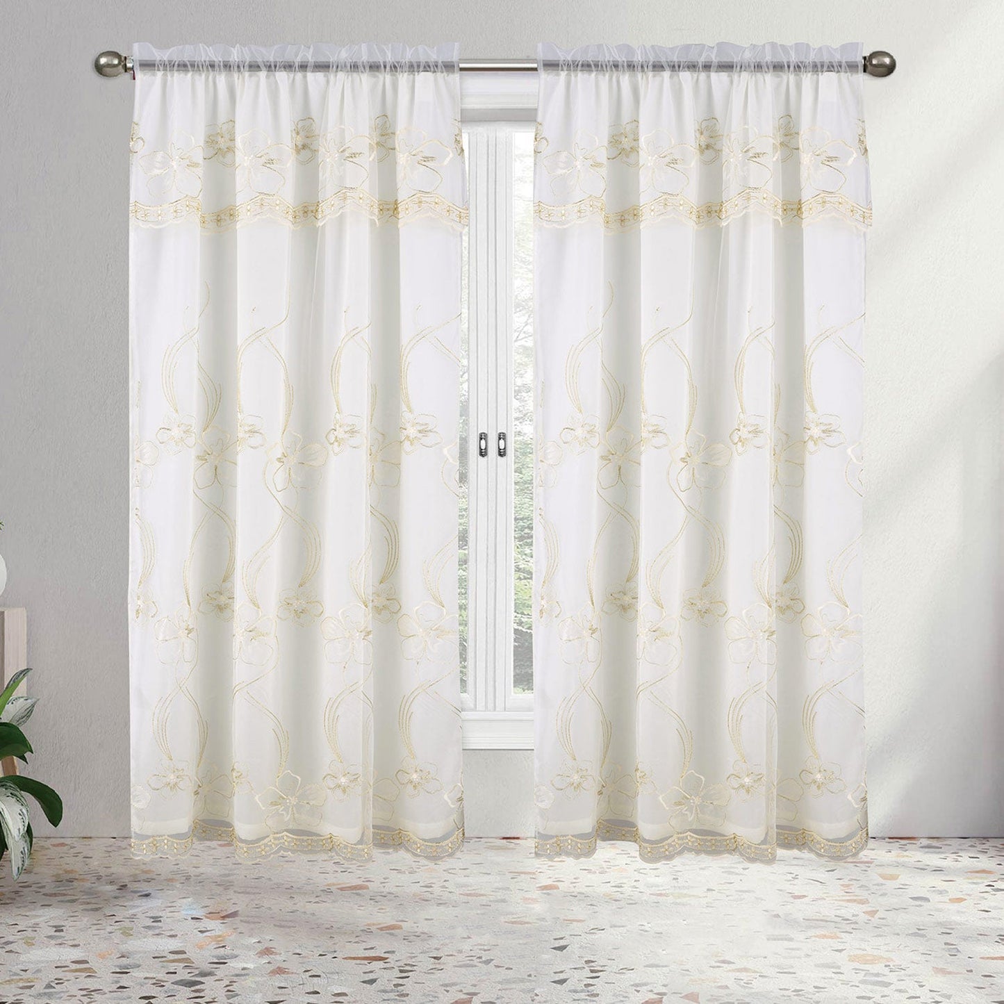 Amira Floral Embroidery Window Panel with Valance and Backing, 55x84 Inches