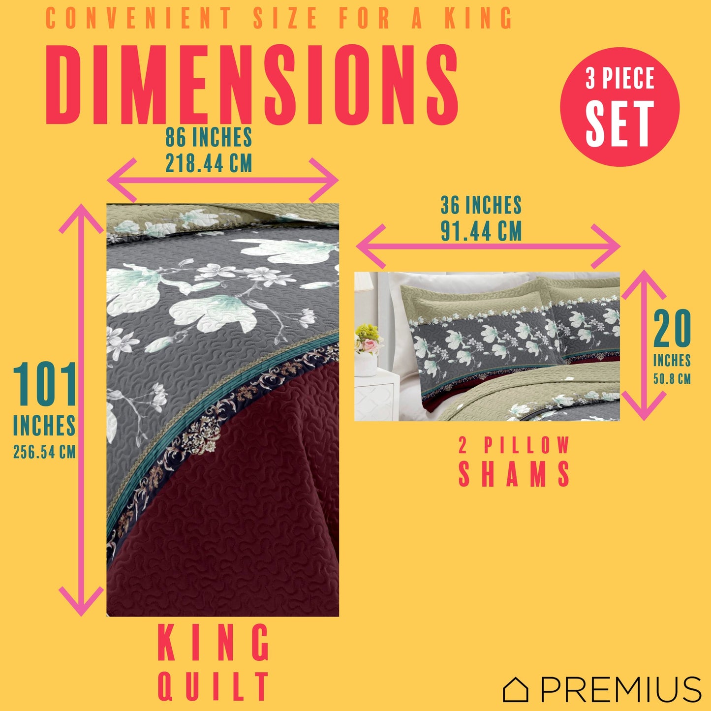 PREMIUS Scarlett 3 Piece Microfiber Wrinkle-Free Quilt Set, Brick-Gray-Beige