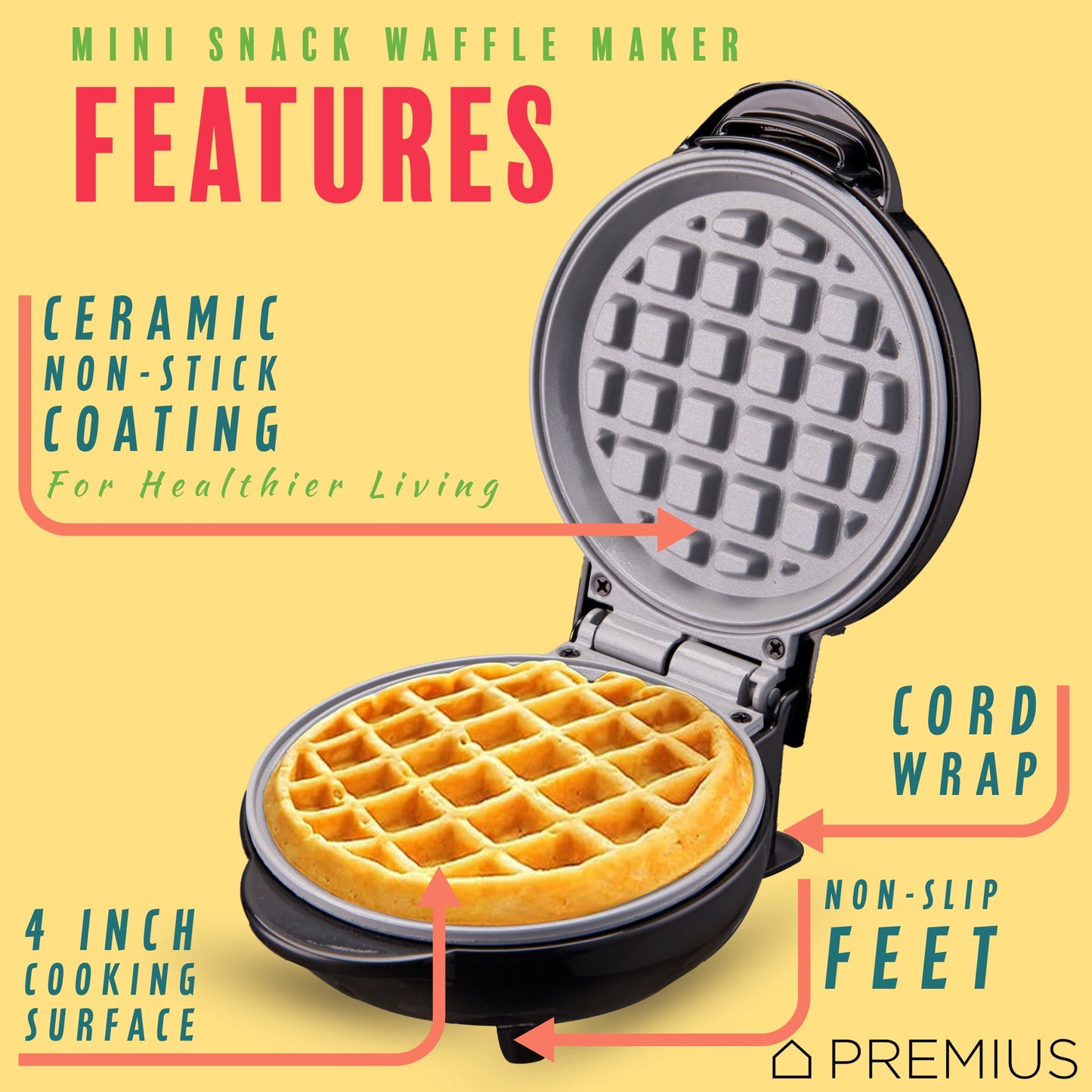 PREMIUS Ceramic Non-Stick Mini Snack Waffle Maker, 4 Inch Mold