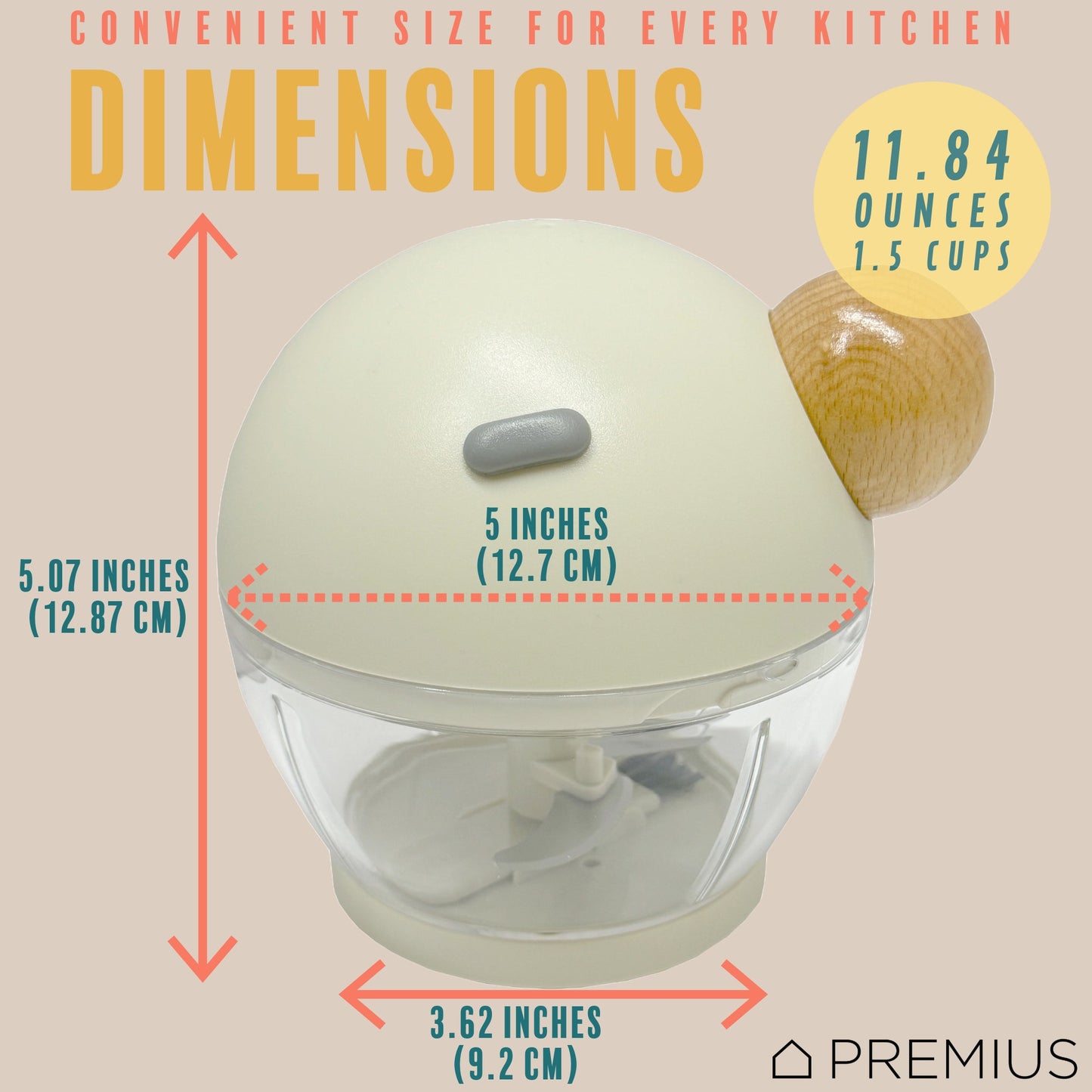 PREMIUS Manual Pull Hand Food Chopper, With Wood Ball, White-Natural, 1.5 Cups