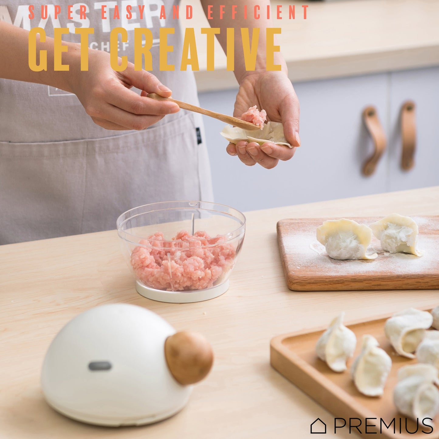 PREMIUS Manual Pull Hand Food Chopper, With Wood Ball, White-Natural, 1.5 Cups