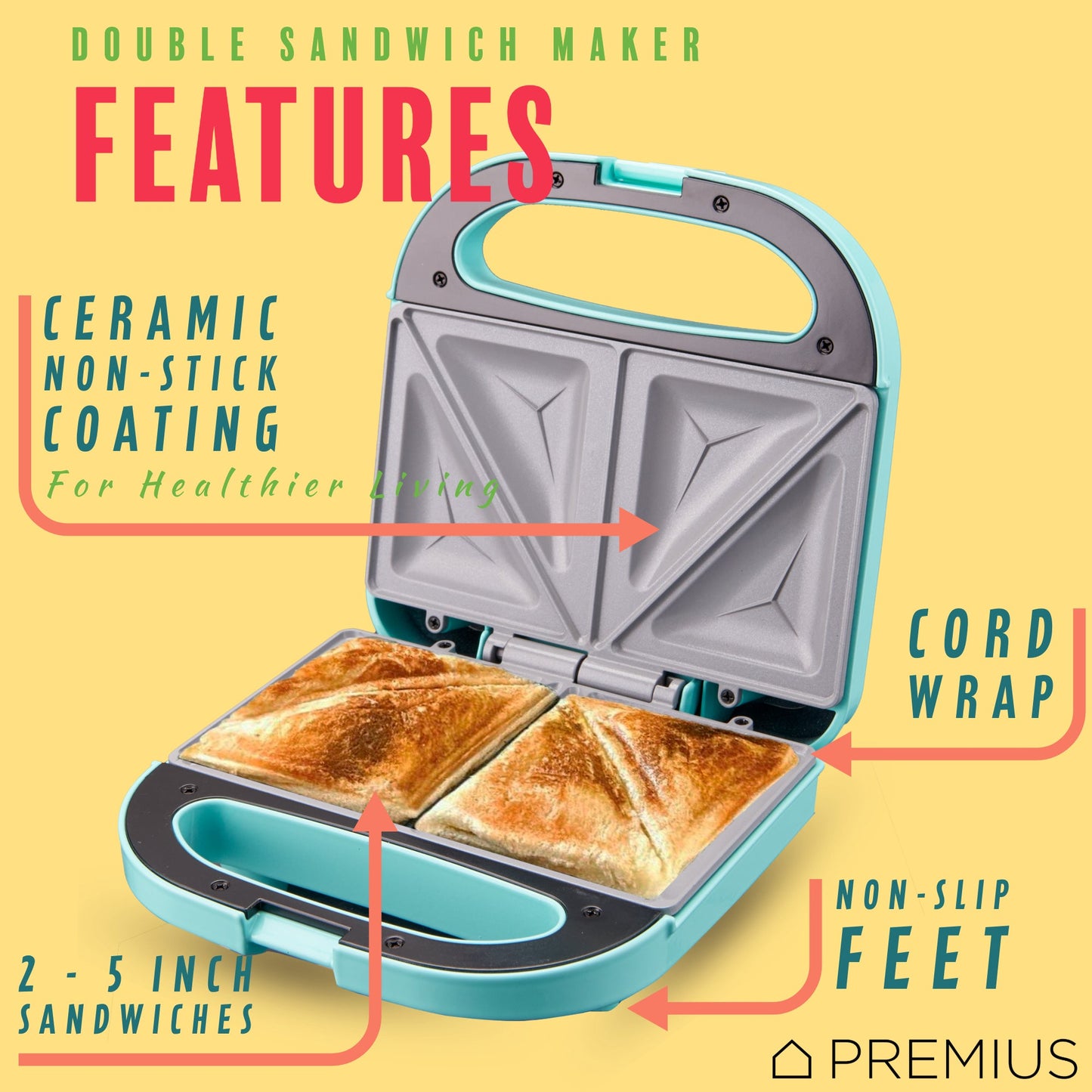 PREMIUS Ceramic Non-Stick Double Slice Sandwich Maker, 8.25x4.75 Inch Mold