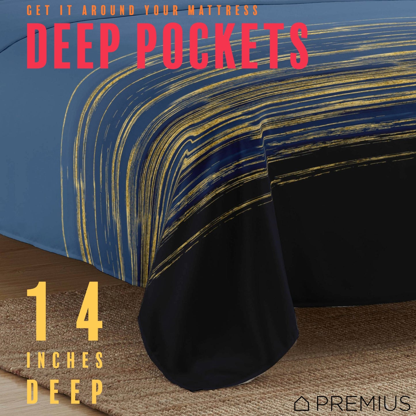 PREMIUS Leo Soft Wrinkle-Free Microfiber Sheet Set, Navy-Gold