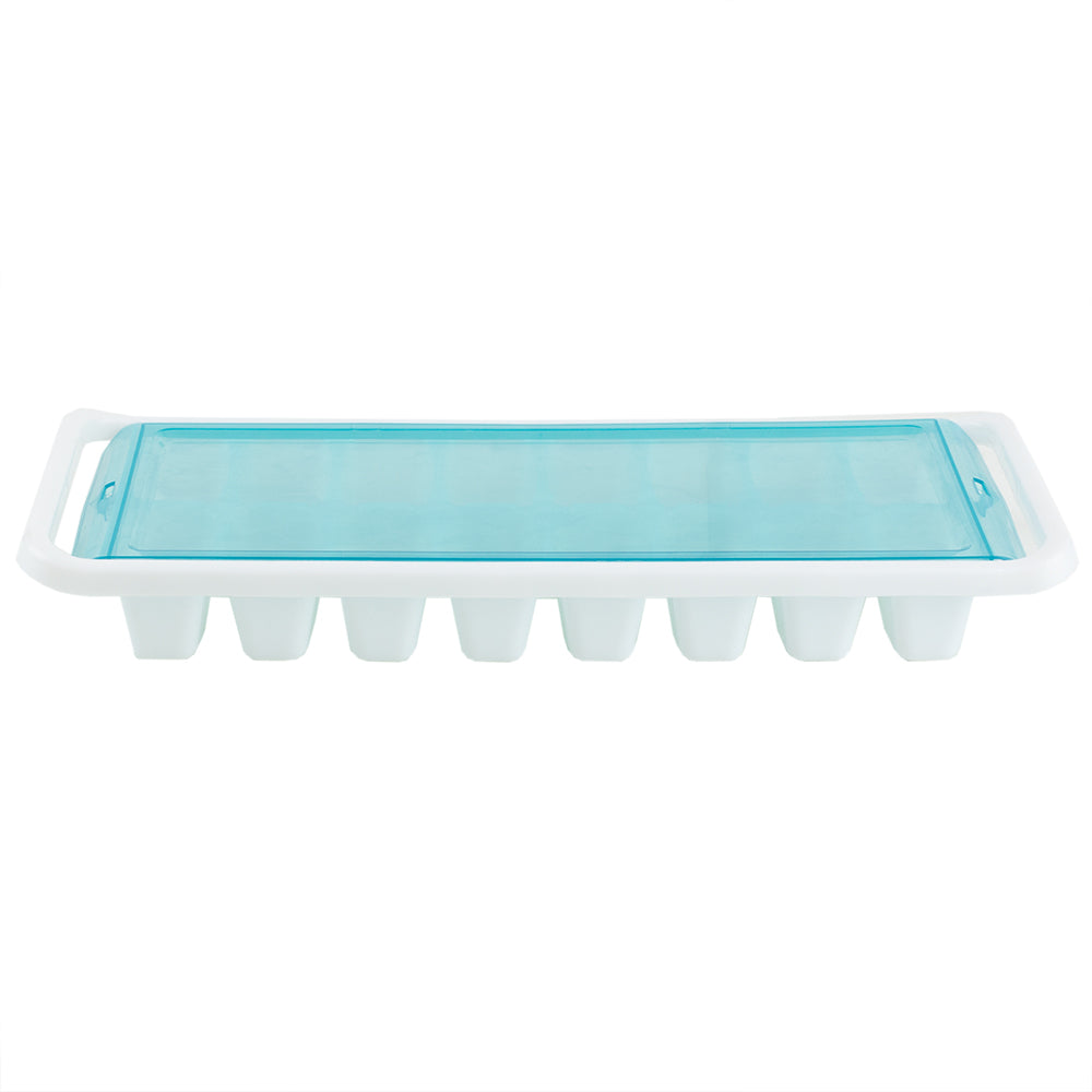 Home Basics 16 Compartment Square Plastic Stackable Ice Cube Tray with Snap-on Cover, Blue
