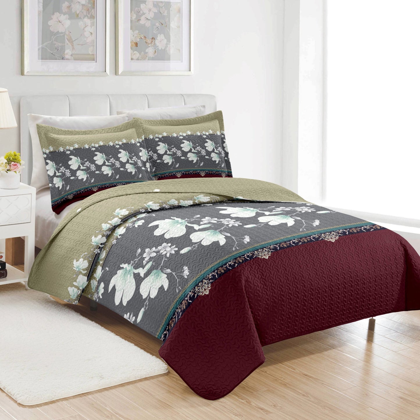 PREMIUS Scarlett 3 Piece Microfiber Wrinkle-Free Quilt Set, Brick-Gray-Beige