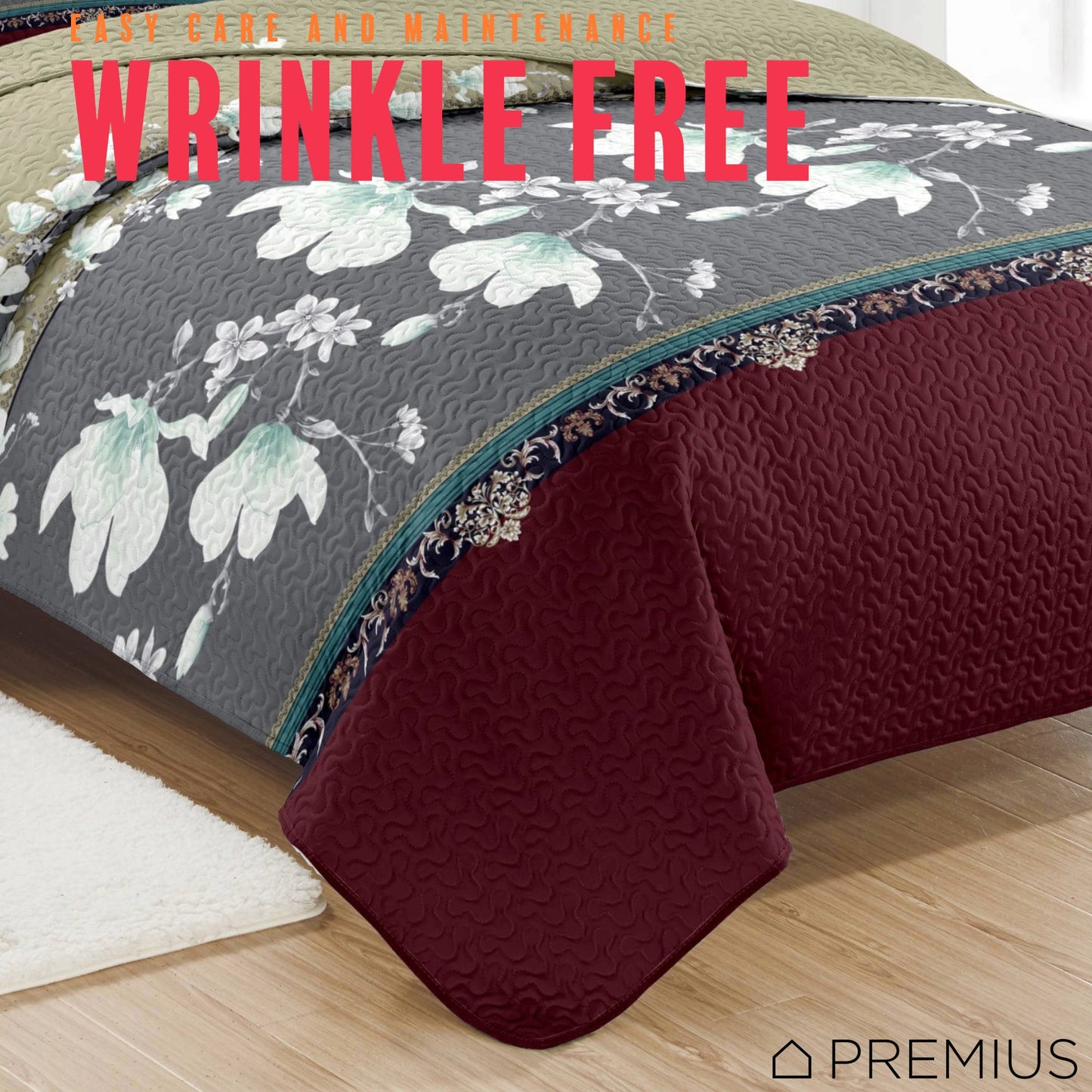 PREMIUS Scarlett 3 Piece Microfiber Wrinkle-Free Quilt Set, Brick-Gray-Beige