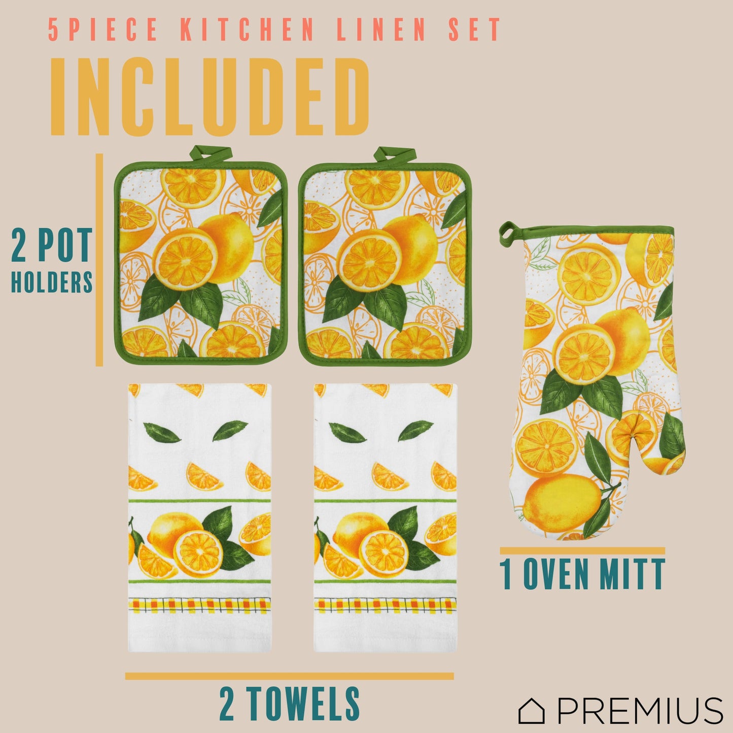 PREMIUS 5 Piece Printed Kitchen Linen Set, 2 Cotton Towels, 2 Pot Holders, 1 Oven Mitt