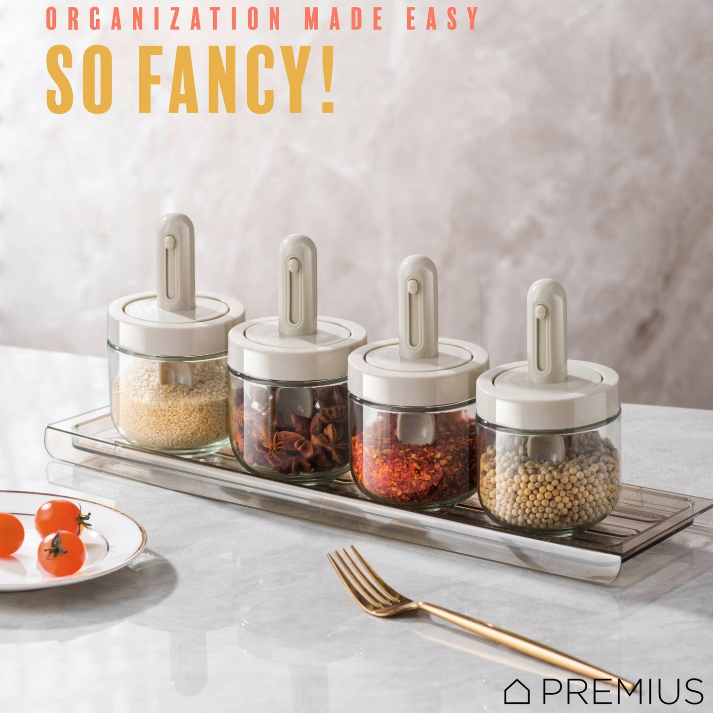 PREMIUS Telescopic Spoon Spice Seasoning Glass Container Jar, White, 10.15 Ounces, 3x3x5 Inches