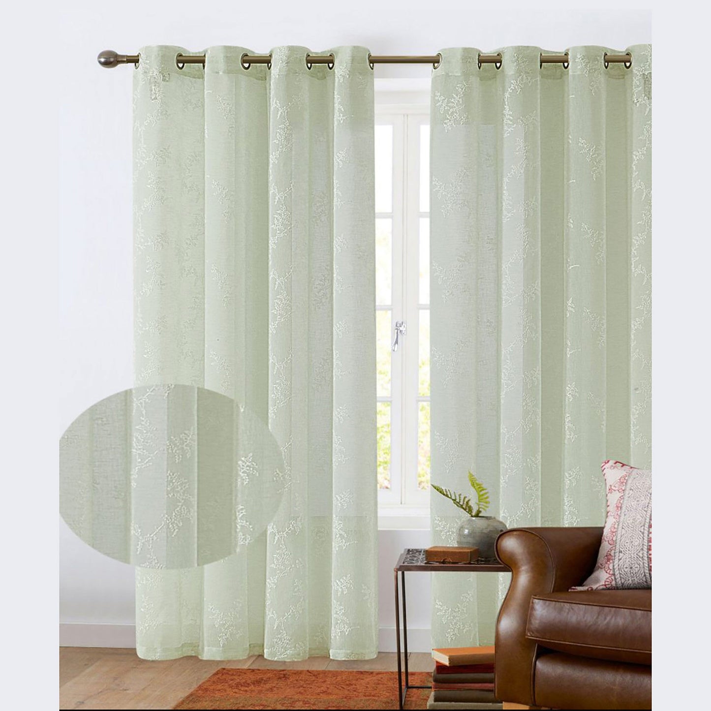Cooper Leaf Embroidered Sheer Grommet Window Curtain Panel, 54x84 Inches
