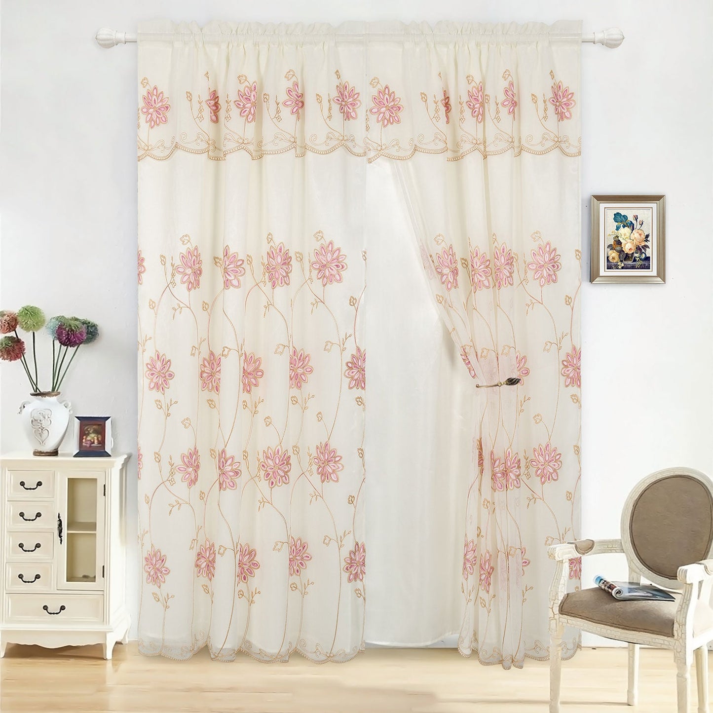 Alice Floral Embroidered Panel With Valance and Backing, 55x84 Inches