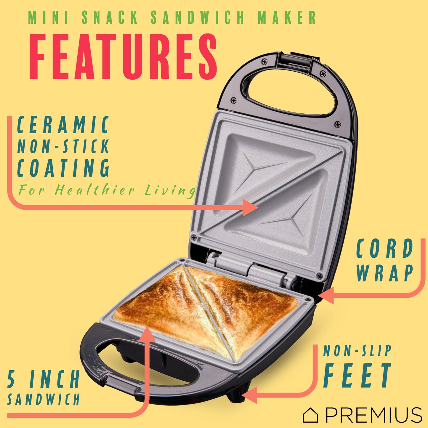 PREMIUS Ceramic Non-Stick Mini Snack Sandwich Maker, 5x4.4 Inch Mold