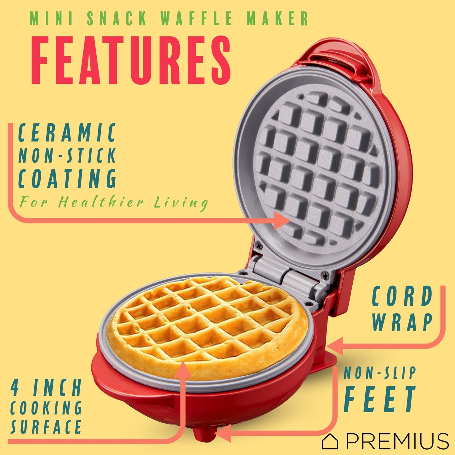PREMIUS Ceramic Non-Stick Mini Snack Waffle Maker, 4 Inch Mold