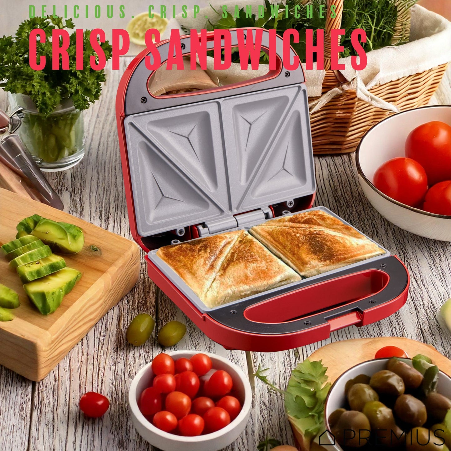 PREMIUS Ceramic Non-Stick Double Slice Sandwich Maker, 8.25x4.75 Inch Mold