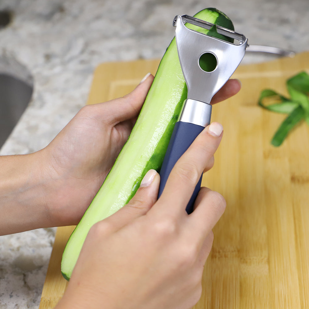 Home Basics Meridian Stainless Steel Horizontal Vegetable Peeler, Indigo