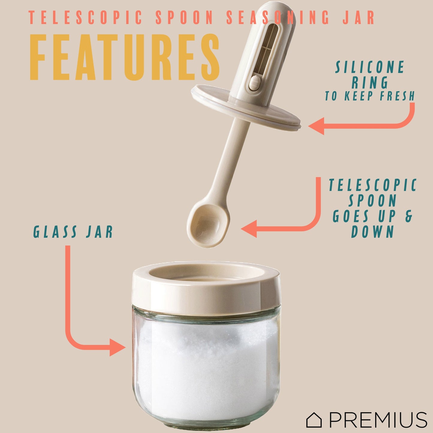 PREMIUS Telescopic Spoon Spice Seasoning Glass Container Jar, White, 10.15 Ounces, 3x3x5 Inches