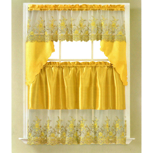 Irina Floral Sequins Kitchen Curtain Set, Swag Valance 60x36, 30x36 Inches