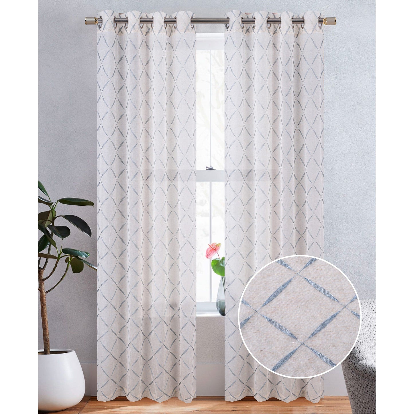 Boca Metallic Embroidered Linen Look Grommet Window Curtain Panel, 54x84 Inches