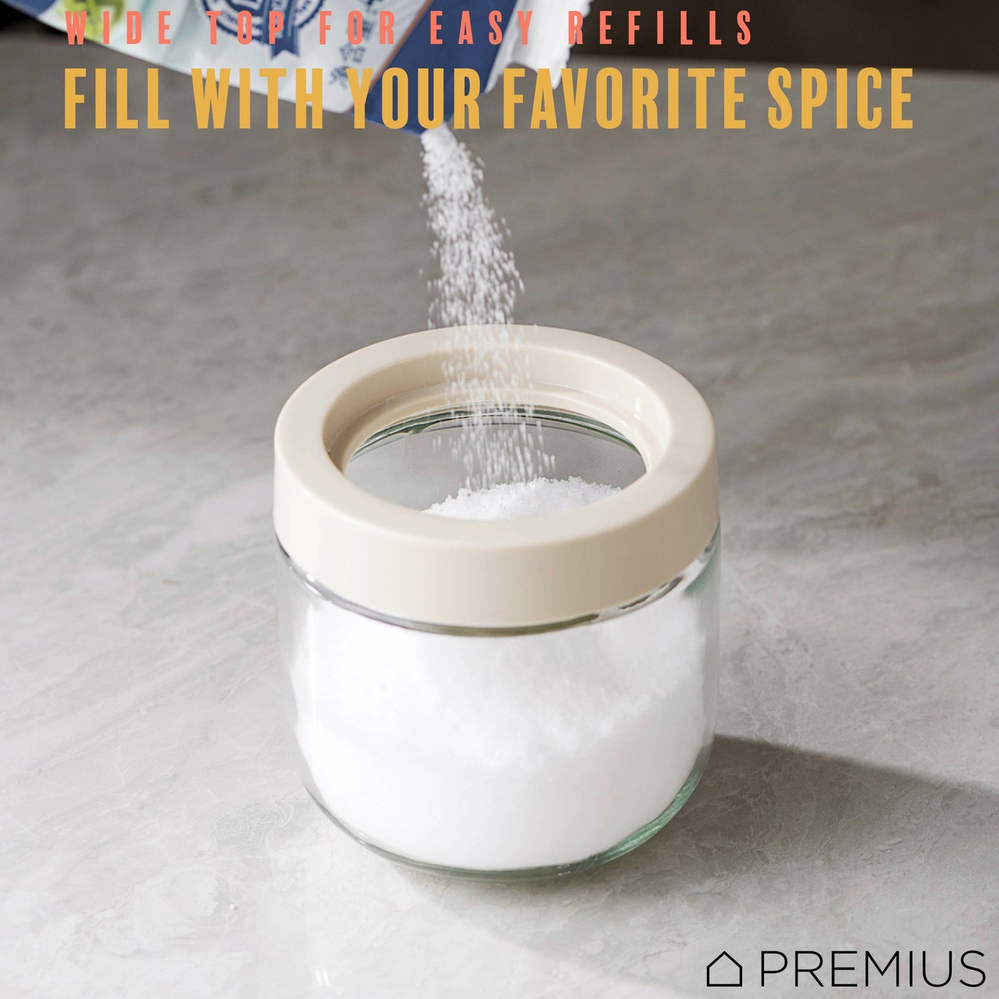 PREMIUS Telescopic Spoon Spice Seasoning Glass Container Jar, White, 10.15 Ounces, 3x3x5 Inches