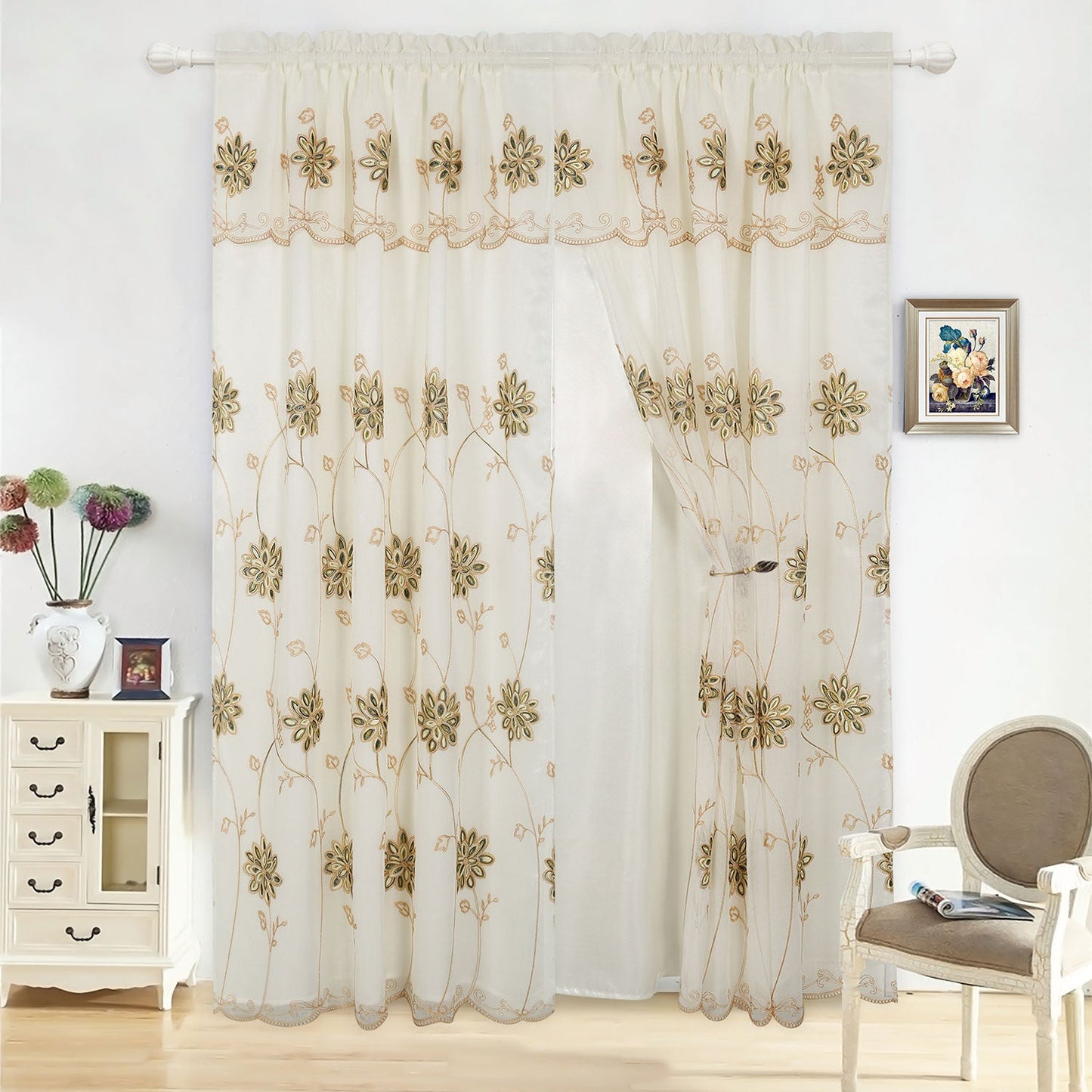Alice Floral Embroidered Panel With Valance and Backing, 55x84 Inches