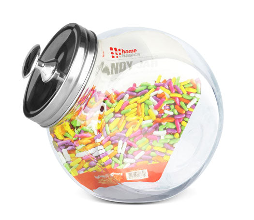 Home Basics Medium 57.48 oz. Round Glass Medium Candy Storage Jar with Stainless Steel Top, Clear