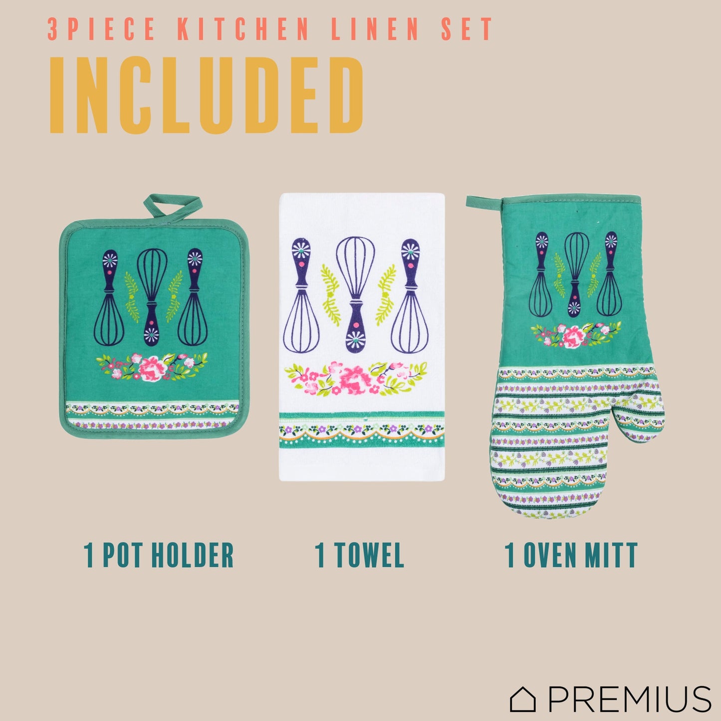 PREMIUS 3 Piece Printed Kitchen Linen Set, 1 Cotton Towel, 1 Pot Holder, 1 Oven Mitt