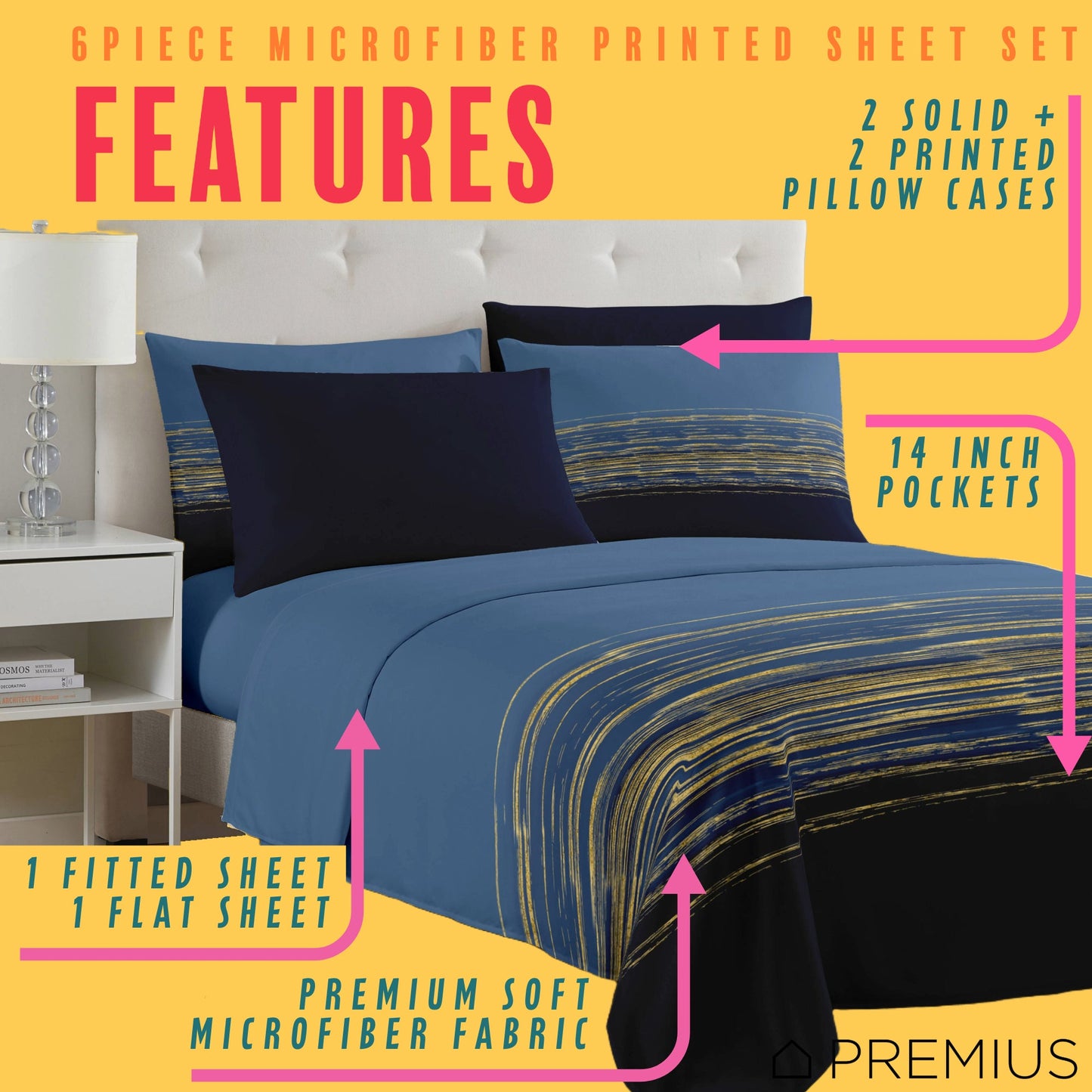 PREMIUS Leo Soft Wrinkle-Free Microfiber Sheet Set, Navy-Gold