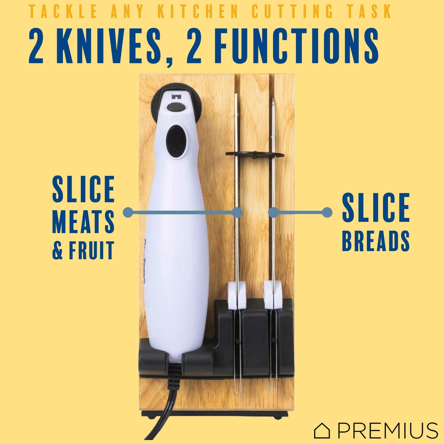 PREMIUS Serrated Carving Electric Knife Set With Wooden Storage Tray, with 2 Stainless Steel Blades
