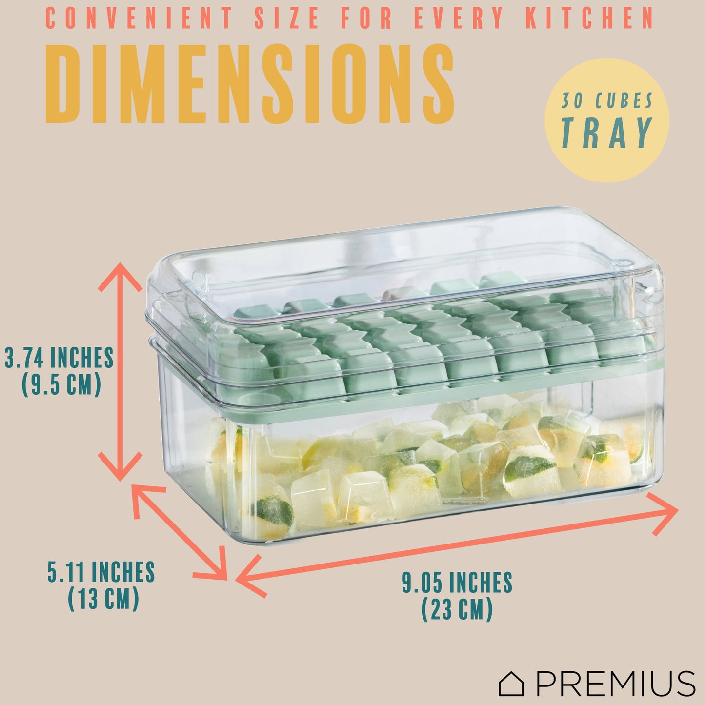 PREMIUS 2 Tray Ice Cube Tray with Container and Scoop, Green-Clear