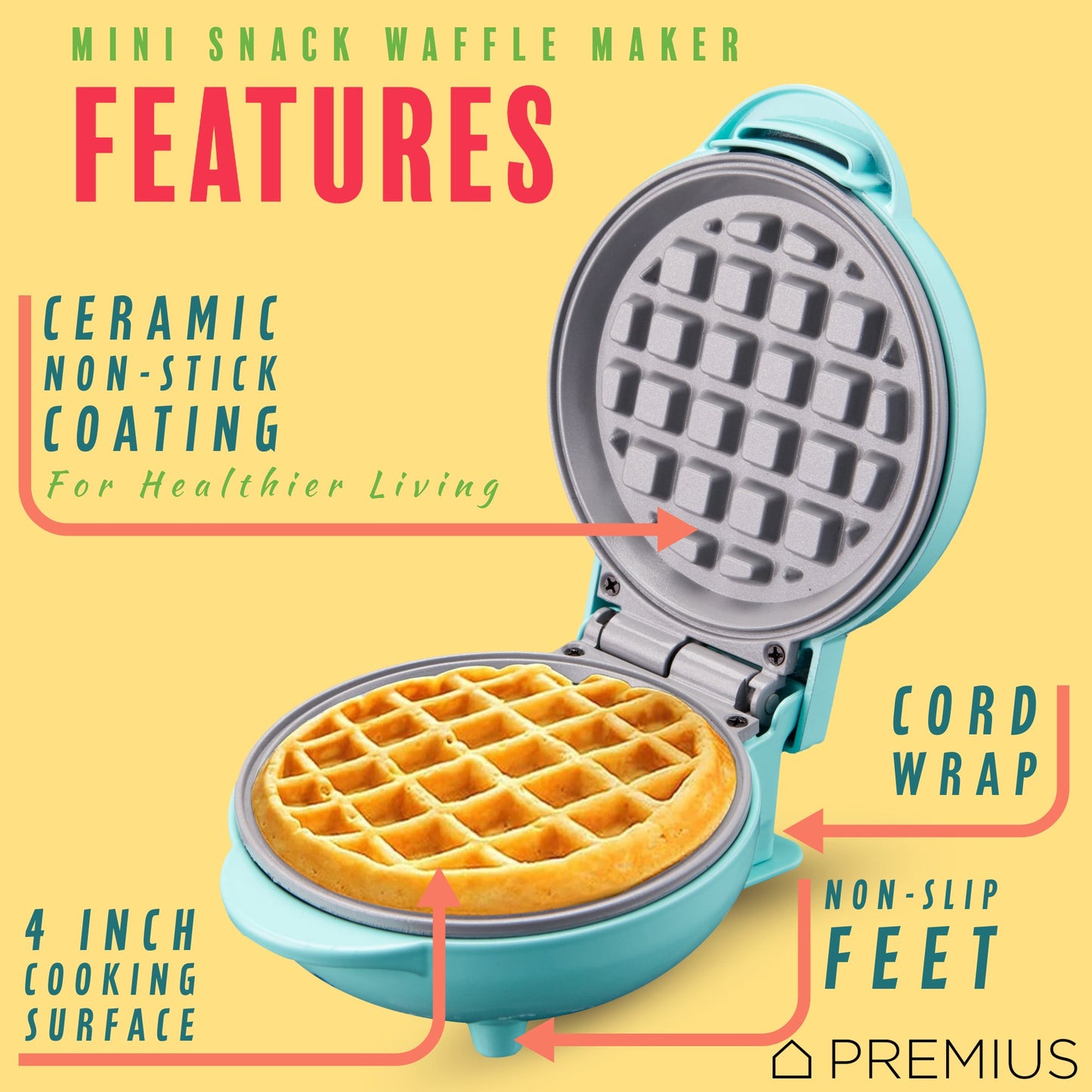 PREMIUS Ceramic Non-Stick Mini Snack Waffle Maker, 4 Inch Mold